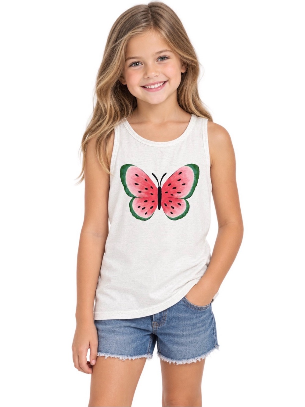Old Navy Cream Tank with Pink & Green Butterfly Graphic
